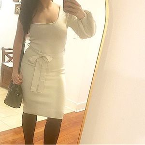 One Sleeve, tapered sleeve sweater dress, Ivory Sparkles